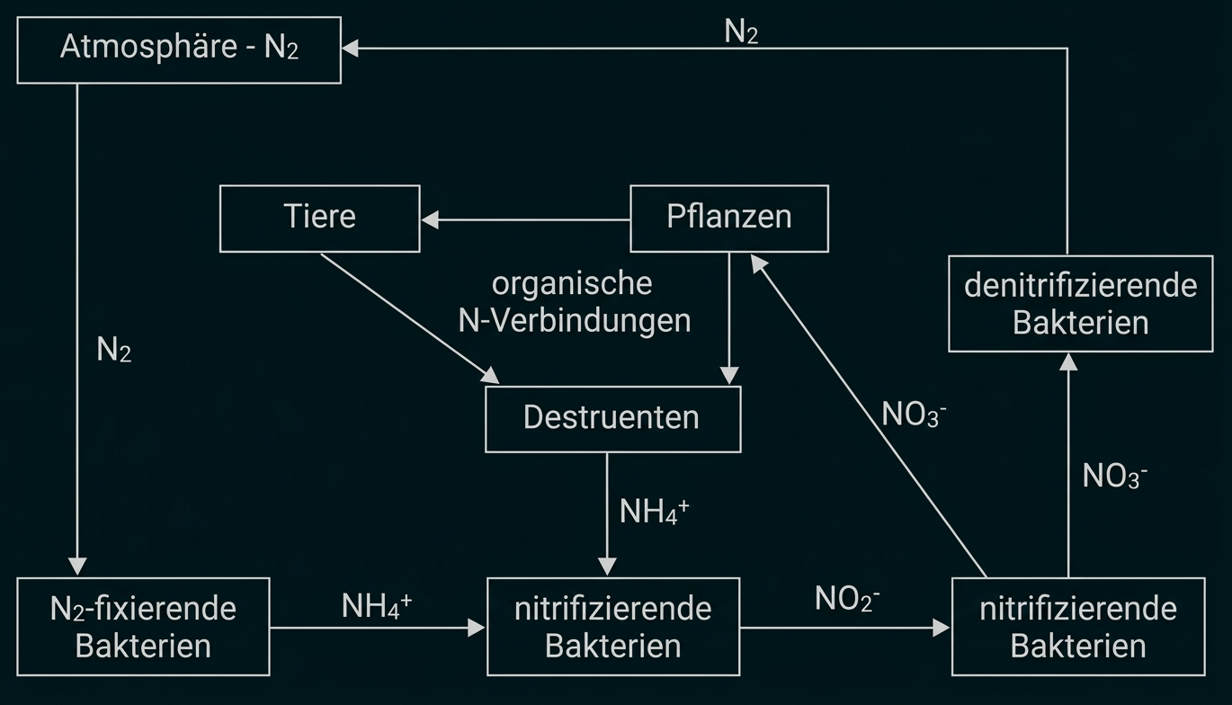 Schematische Darstellung des Stickstoffkreislaufs mit Pflanzen, Tieren und beteiligten Bakterien.